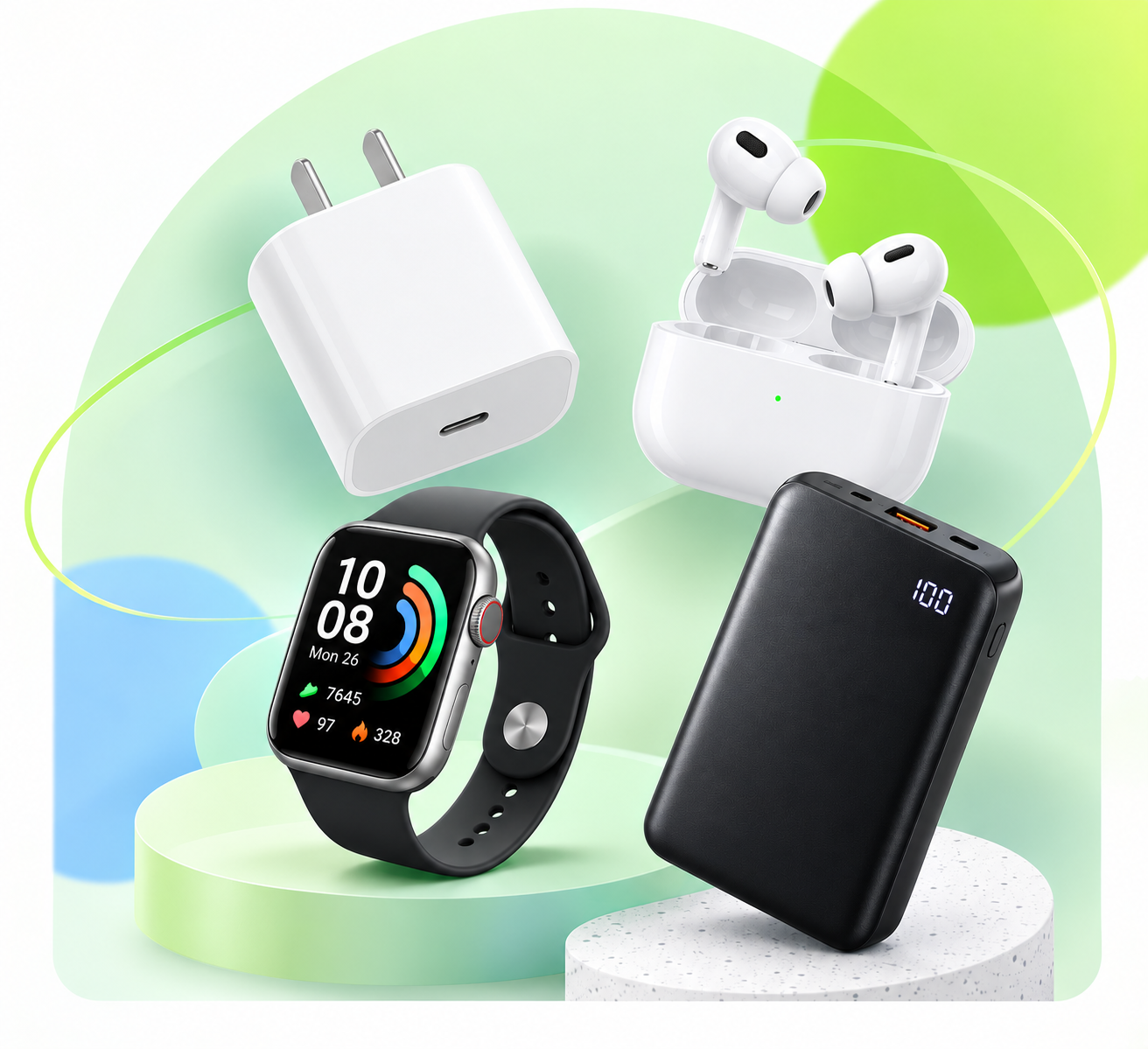 Mobile chargers, TWS earbuds, smart watch and power bank